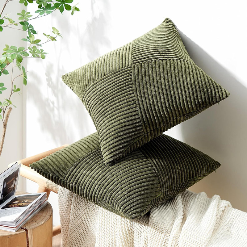 Housse de coussin en velours côtelé, housse de coussin en velours côtelé décoratif, ensemble de 2, Vert olive, Carré 18 po