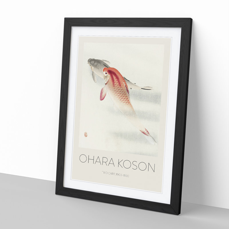Two Carp by Ohara Koson - Picture Frame Painting, Black Framed, 65cm H x 48cm W x 2cm D