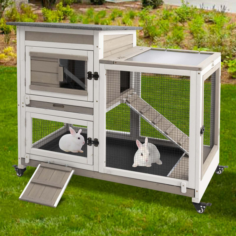 40" Rabbit Hutch Indoor, 2 Story Outdoor Wooden Bunny Hutch with Run, Pet House for Small Animals