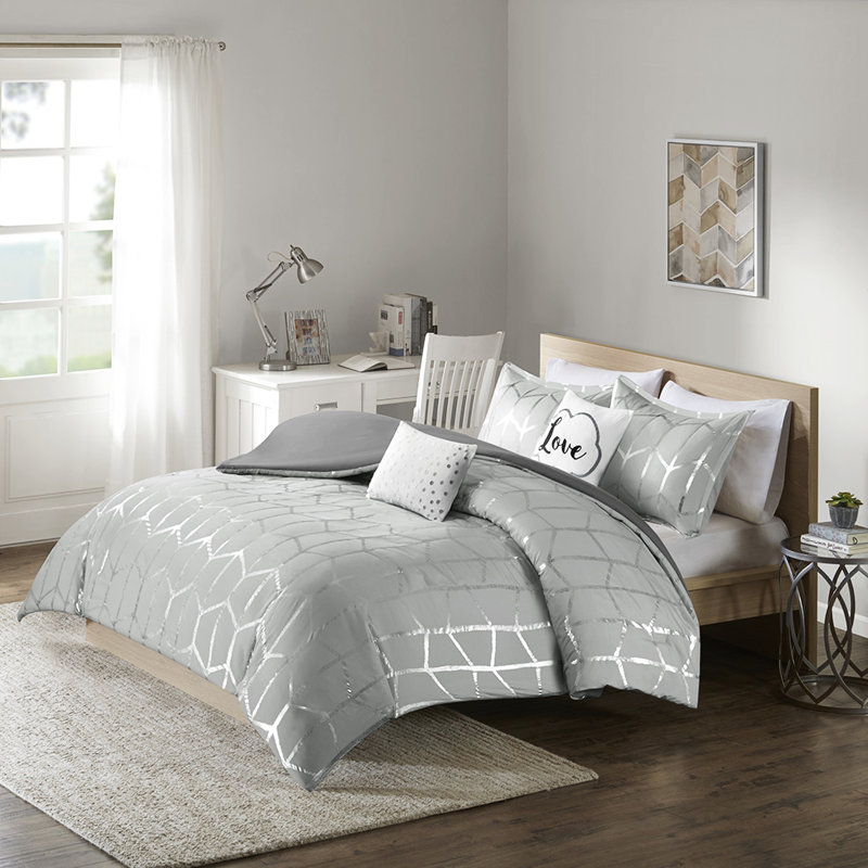 Housse de couette géométrique moderne avec accents, Gris/argent, Housse de couette pour très grand lit et 5 pièce