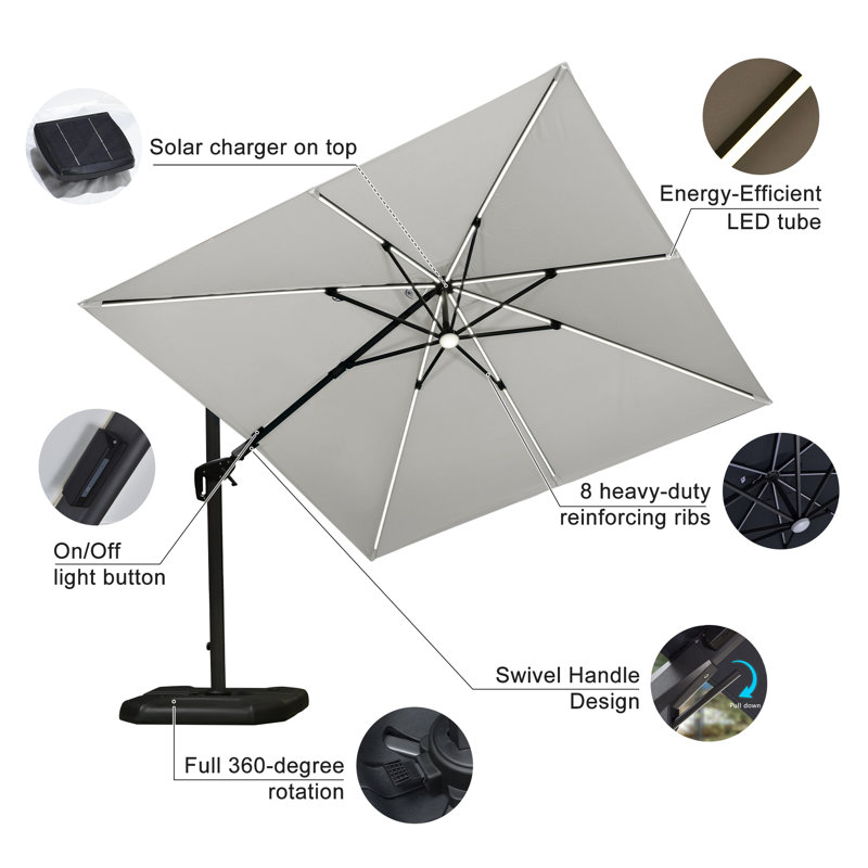 Rosemin 10' Square Lighted Cantilever Umbrella with Base and Solar Powered LED Swivel, White