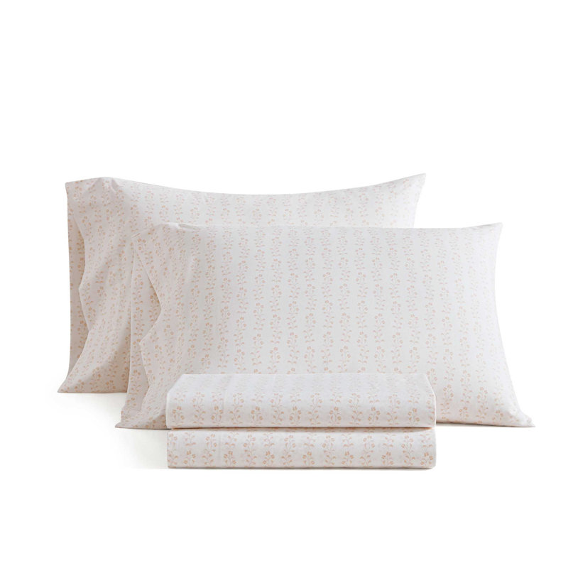 Martha Stewart Ditsy Vine Cotton Percale Green Sheet Set, Queen Sheet Set with 2 Pillowcases, Green Floral