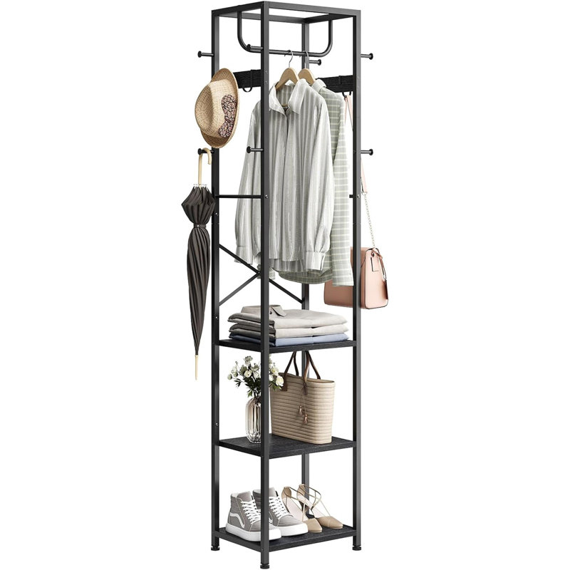 Independent Coat Rack, Hall Tree, With 3 Storage Racks And 12 Hooks, Black