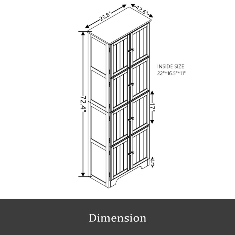 72.4" Tall Storage Cabinet Tall Storage Cabinet With 8 Doors And 4 Shelves ,Bookshelf Living Room, Kitchen, Dining Room, Office Freestanding Storage Cabinet
