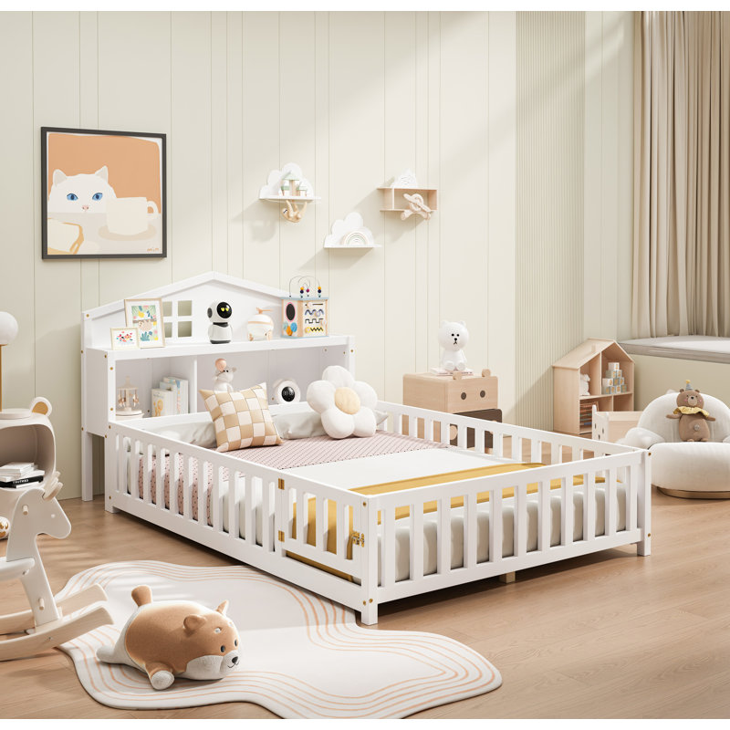 Full-size Floor Beds with Bookcases and Blackboards with Guard rails, Storage Headboards, Grey, White