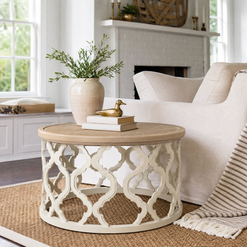 Mayenne Rustic Farmhouse Round Coffee Table with Distressed Wood Tray Top, Natural Top/ Beige Base