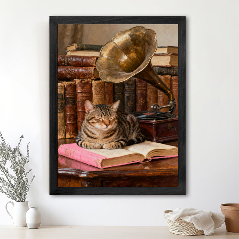 «Black Chats Vintage» dormant chaleureusement dans des livres, impressions d'art encadrées de style rétro, H 17 po x l 13 po