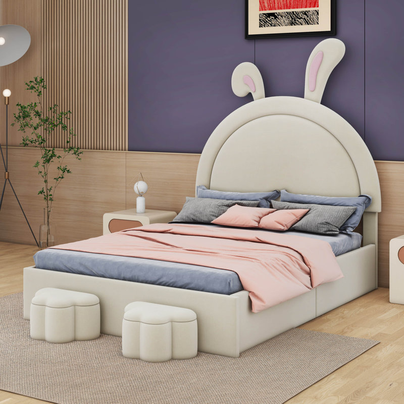 Lit double rembourré en forme de lapin avec 2 tabourets de rangement, Simple, Blanc
