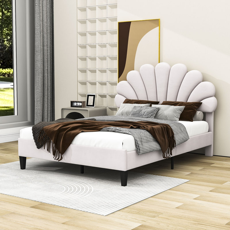 Lit plateforme tapissier en bois avec tête de lit Mireia, Double, Beige