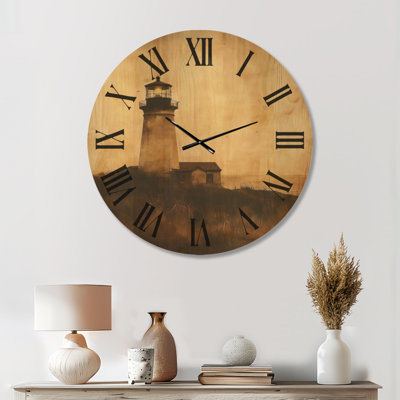 Golden Dusk Lighthouse IV - Ocean Round Wall Clock, Printed on Wood