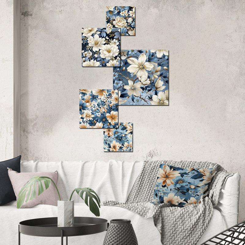 Motif floral bleu rétro Finesse - ensemble de 5 décorations murales florales