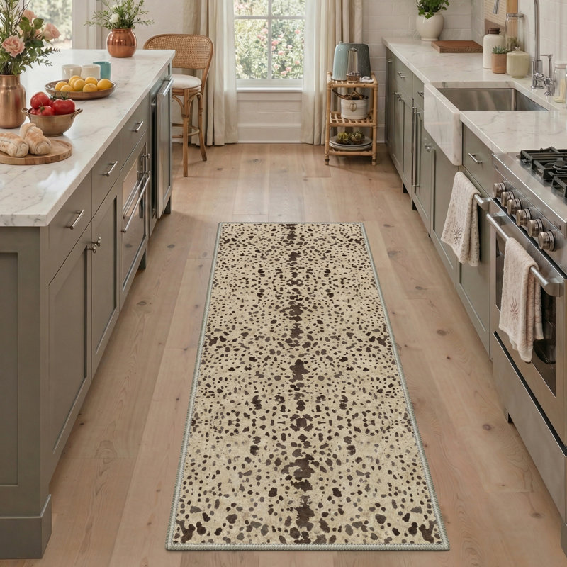 Cielo Animal Print Cowhide Machine Washable Mocha Beige Indoor Area Rug with Non-Slip Backing, Runner 2'3" x 6'