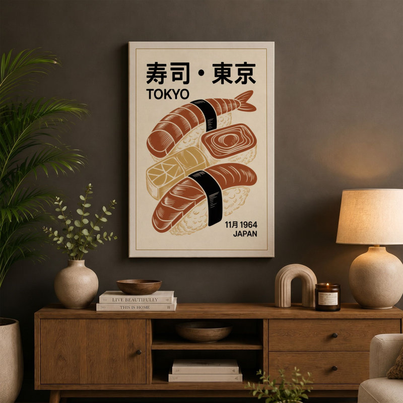 Tokyo Sushi Poster Retro - Wrapped Canvas, Ochre Border, 30x20 - 76.2 x 50.8 cm