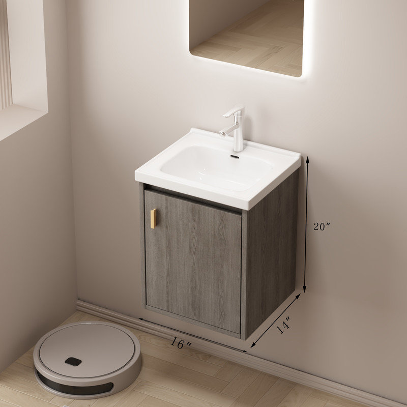 16" Small Wall Mounted Bathroom Vanity with Ceramic Sink,Soft-Close Door(GreyWalnut)
