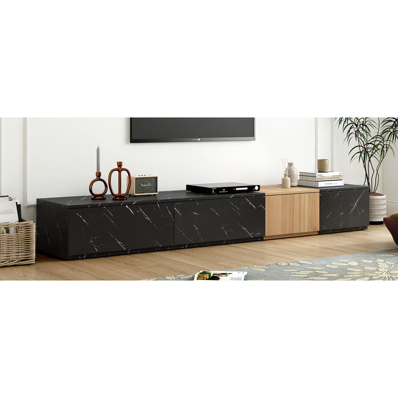Contemporary Black Tv Stand With Faux Marble, 4 Storage, Accommodates 88" Tvs, Living Room Must-Have Marble & Walnut For Home, 4 Drawer Up To Tv, Staple Option Accessory