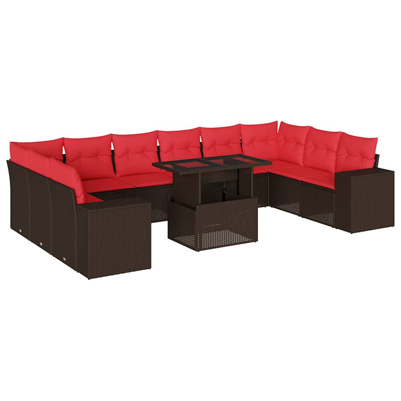 Ensemble de canapé de patio 11 pièces avec coussins en rotin de polyester, Rouge, Brun