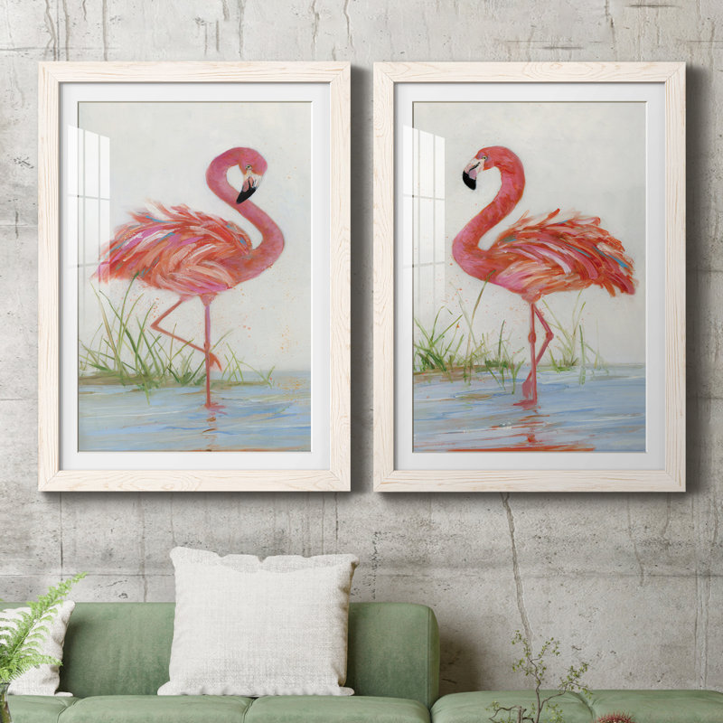 Flamingo I - ensemble de 2 peintures, H 24 po x l 36 po, Papier dans un cadre photo, Blanc