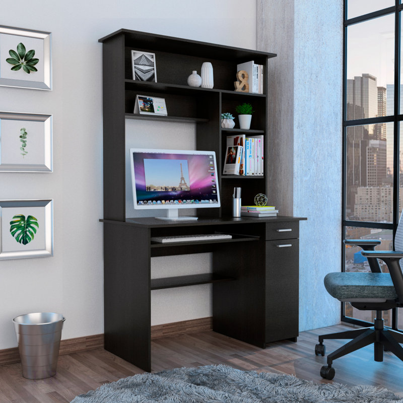 Compu 180 Hutch Desk With Multiple Shelves, Keyboard Tray, CPU Panel, And One Drawer - For Organized Workspaces, Black