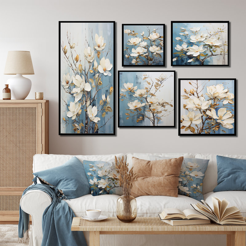 Ensemble de salon art mural blanc et bleu Magnolia, Cadre flottant noir