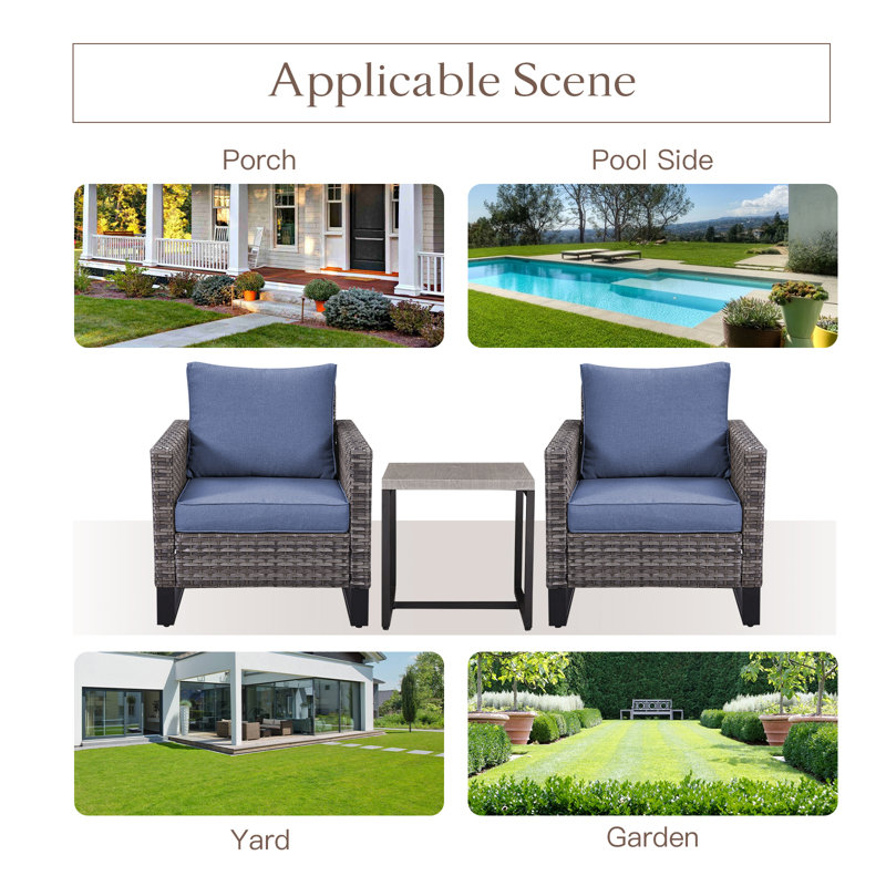 Braxley Wicker 2 - Person Patio Conversation Set with Cushions, Gray, Blue