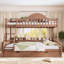 Lit superposé simple au-dessus de grand lit simple avec rangement, garde-corps courbés et tablettes latérales, structure en bois massif, aucun sommier requis, naturel profond-134228587-134228588