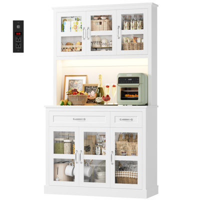 71''H LED Pantry with Charging Station, Microwave Stand and Adjustable Shelves