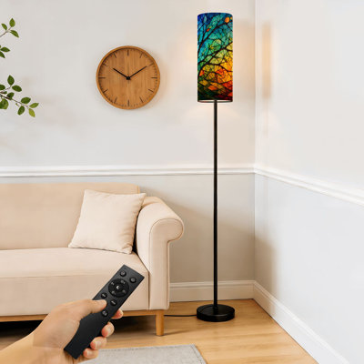  68.5" Standing Floor Lamp Vibrant Stained Glass Print Tree Design Abstract Colorful Mosaic Dimmable Metal Pole Lamp with Linen Lampshade LED Bulb Included