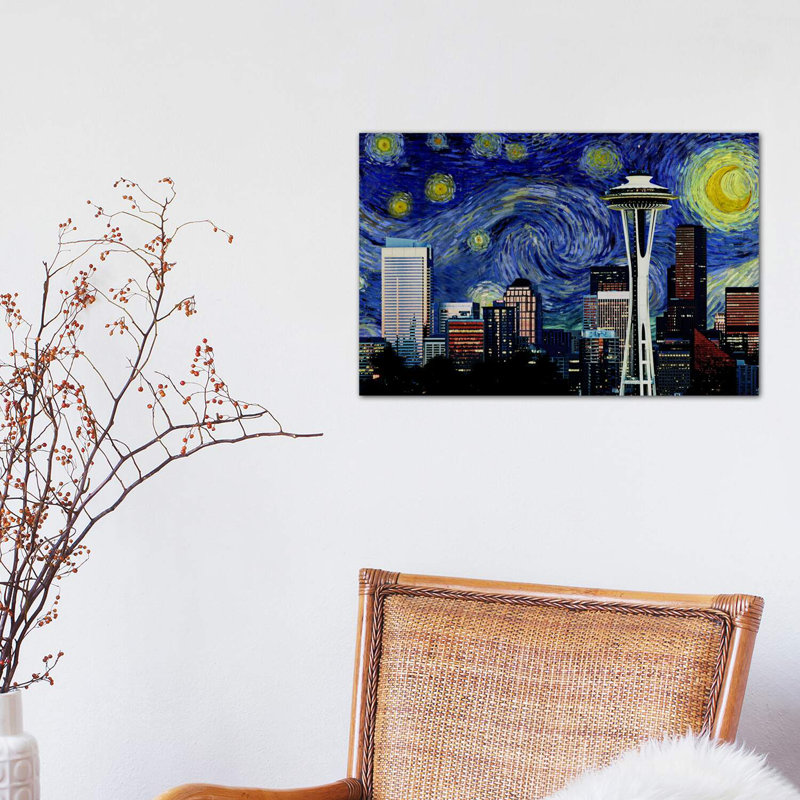 Seattle, Washington Starry Night Skyline - impression d'art graphique, Toile tendue, H 12 po x l 18 po x 1,5 po