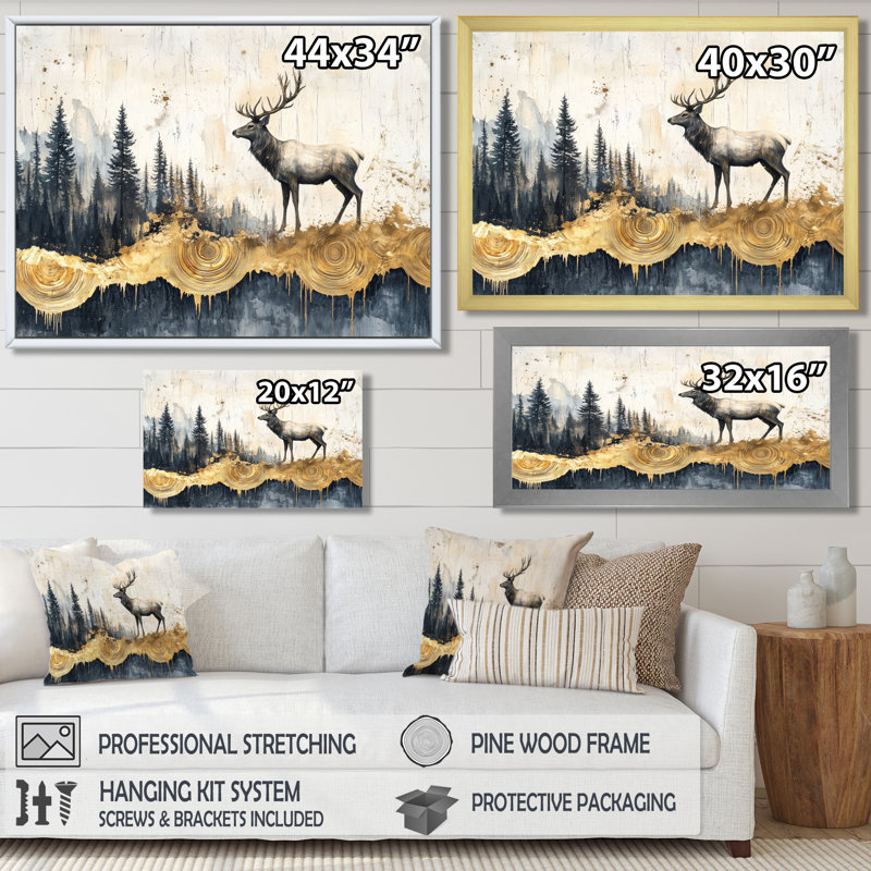 Golden Deer Landscape Grace In The Forest I - Deer, art mural, H 16 po x l 32 po, Cadre simple, Blanc