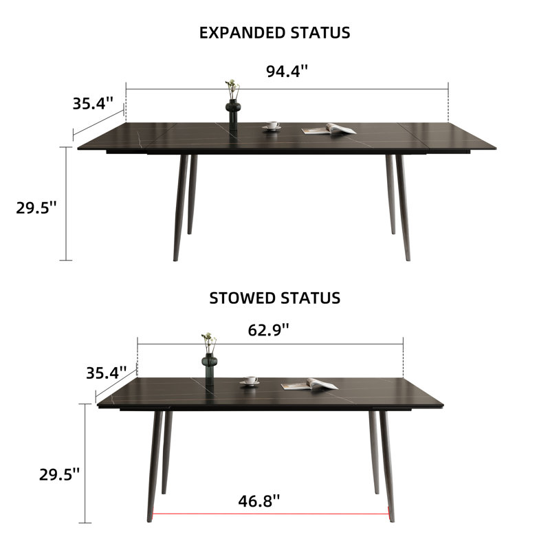 Homeira  62.9" to 94.4" Extendable Dining Tables for 6 to 10 -   Rectangle  Sintered stone Dining Table, Black