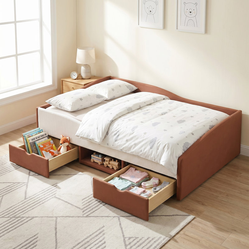Low Upholstered Bed with Storage Shelf and Drawers, Brown;White, Full