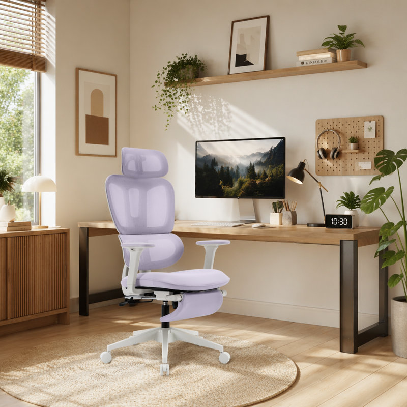 Chaise de bureau ergonomique avec repose-pieds, chaise d'ordinateur à haut dossier avec soutien lombaire dynamique, appui-tête en 2 dimensions et accoudoirs 4D, coussin éponge et dossier en filet, chaise de bureau à domicile pour adultes, mauve.