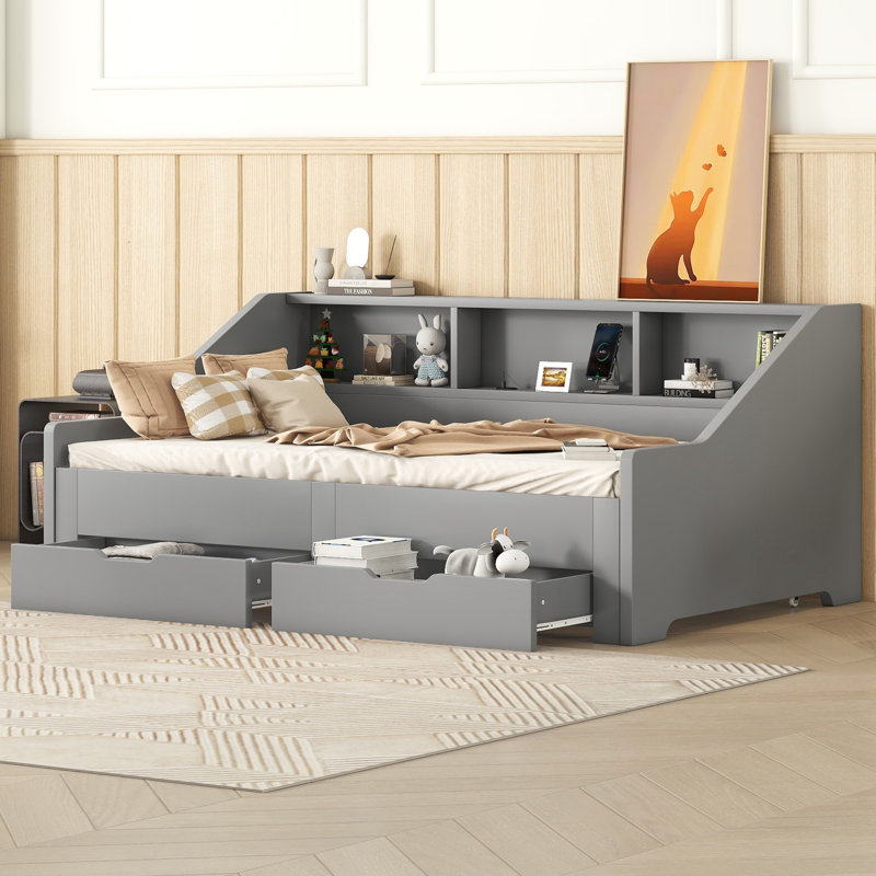 Lit de jour simple à très grand avec tiroirs de rangement, bibliothèques et station de charge USB intégrée, blanc, Gris