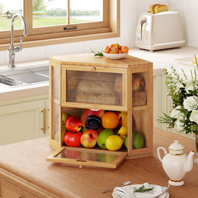 Boîte à pain de coin pour comptoir de cuisine, contenant de rangement à pain en bambou double couche, grande boîte à pain de ferme avec panneau de porte ondulé en acrylique, organisateur sous l'armoire (naturel)