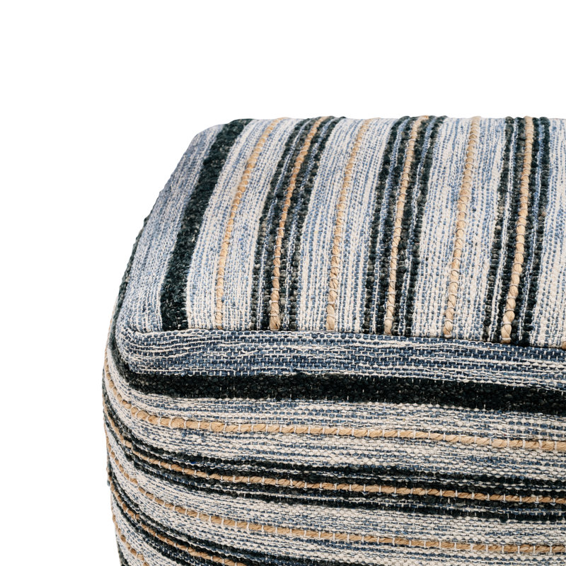 Marlando Fonzie Woven Pouf - Ivory Blue Classic Stripe Pattern Accent Pouf Ottoman, hand woven