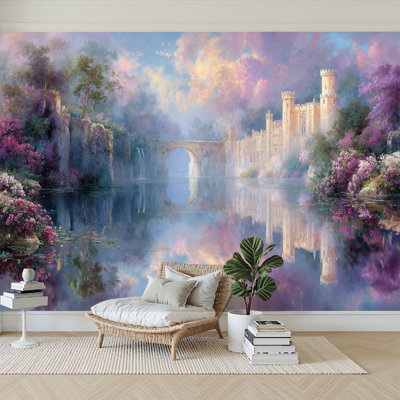 Peel and Stick Wallpaper 96" W x 69" H Modern Self Adhesive Wall Mural for Bedroom Romantic Fantasy Waterfall Dreamy Garden Magical Fairytale Castle