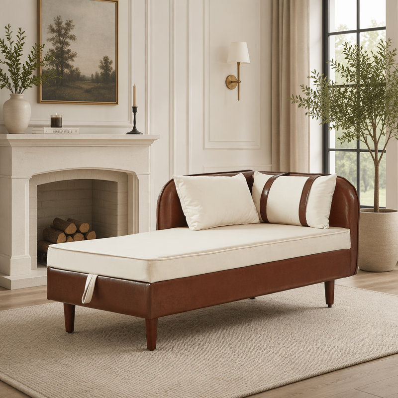 Canapé de 65 pouces avec rangement en polyuréthane brun et velours beige, alliant confort, style et amplement de rangement pour une vie moderne
