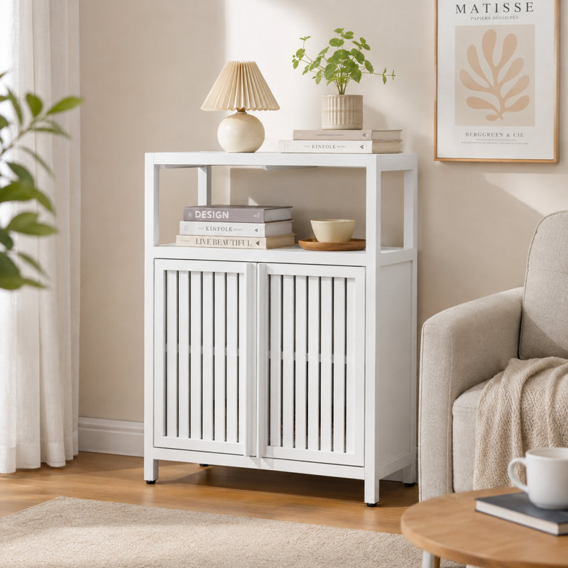 Armoire de salle de bain 24,57 "en bambou avec portes et tablette ouverte, Blanc