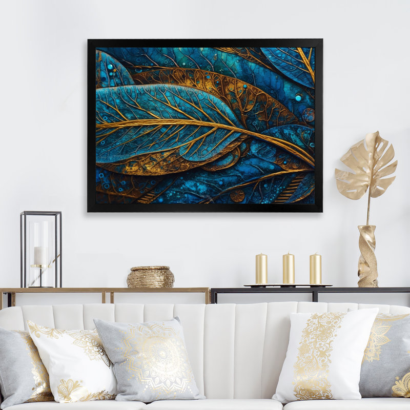 Kalypso, bleu et or, mélodie de Boho I - art mural plume Boho, Cadre simple noir, H 12 po x l 20 po x P 1 po