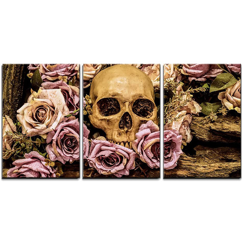 Crâne humain - fond de roses - impression sur toile tendue, H 24 po x l 48 po x 1,5 po