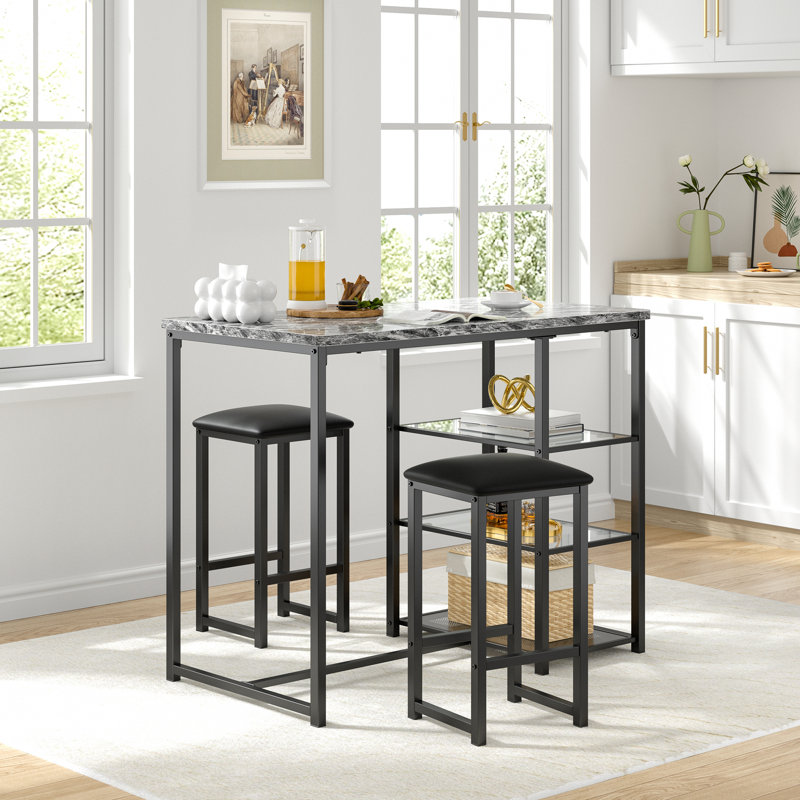Ensemble de table de bar de cuisine 3 pièces avec plateau en faux marbre, tablettes de rangement et tabourets en cuir PU Ligo