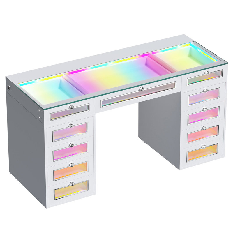 Vanity Desk with Lights RGB Color 11 Square Glass Fronted Drawers with Crystal Handles Type C & USB Charger for Bedroom