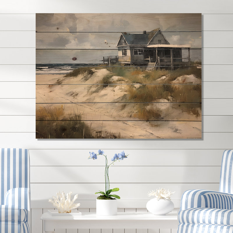 «Beach House Tranquility I», reproduction de paysage moderne sur bois de pin naturel, H 10 po x l 20 po x P 0,78 po