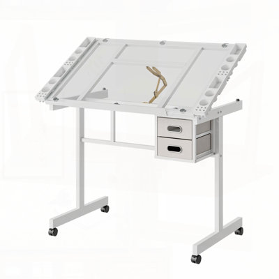 Bureau de dessin réglable à plateau en verre avec tiroirs et roulettes - angle 0-70 °