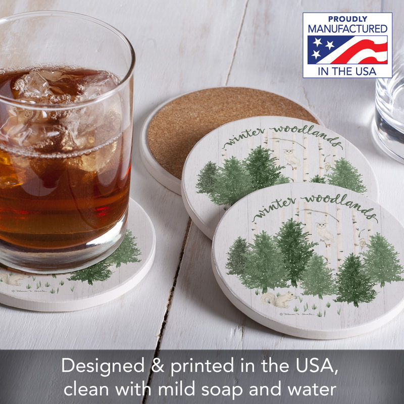 Winter Woodlands Round Absorbent Stone Coasters with Cork Backing