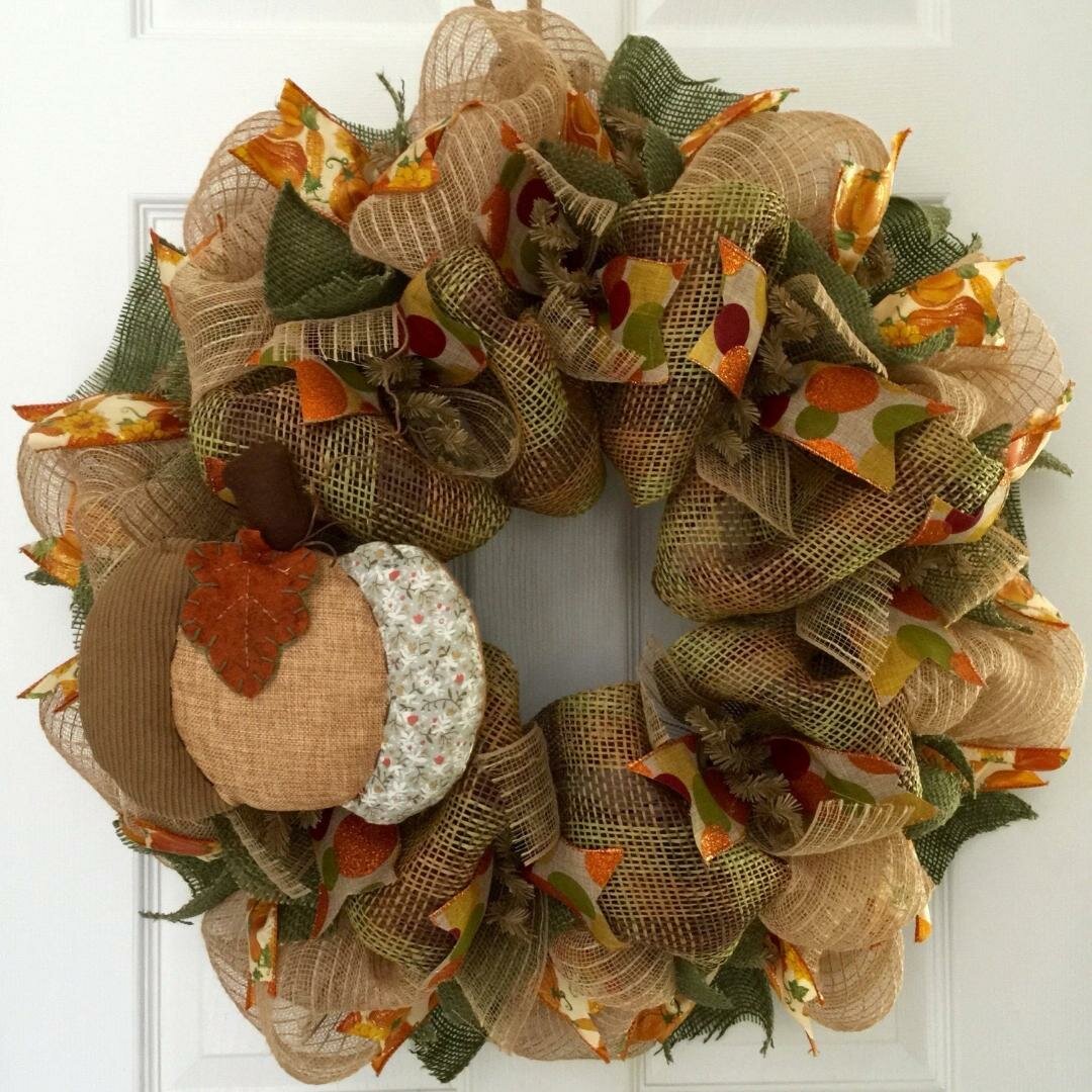 The Holiday Aisle® Harvest Wreath with Quilted Pumpkin | Wayfair