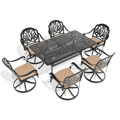 7 repas d'extérieur en fonte d'aluminium - 6 chaises pivotantes et table rectangulaire avec cadre noir, mobilier de jardin gracieux, résistance aux intempéries, assise confortable contre la corrosion, capacité de siège de 350 lb, 160 lb