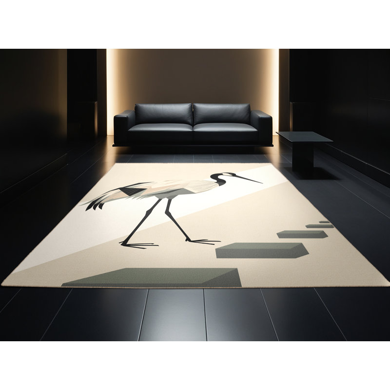 Machine Washable Peirsen Crane Heron Minimalist Geometric Rug in Beige – Beige Binding, 2x3