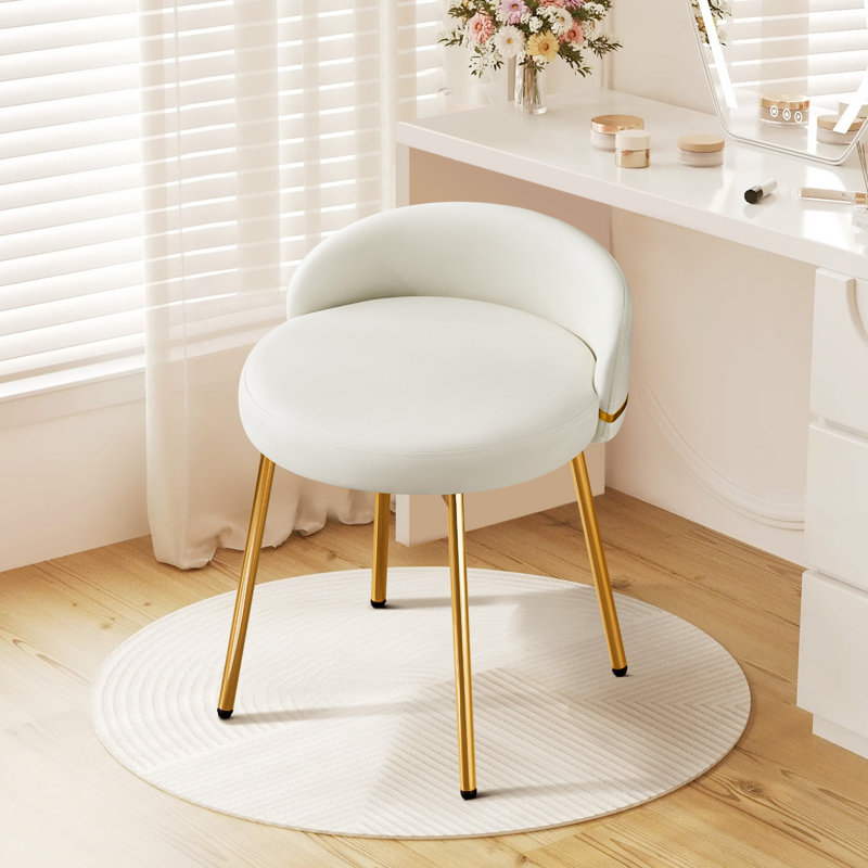 Chaise de coiffeuse avec tabouret d'appoint à dossier bas pour salle de bain et salon, similicuir, blanc, White Faux Leather