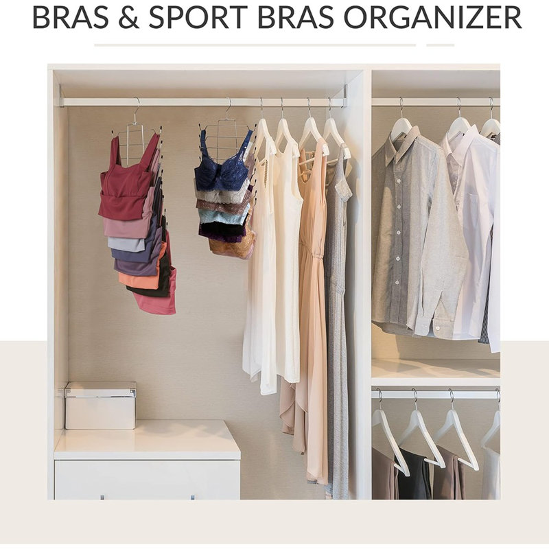 Ensemble de 2 débardeurs et porte-soutien-gorge argentés - Organisateur de garde-robe avec 16 crochets pour le rangement de petits espaces - Solution de suspension en métal